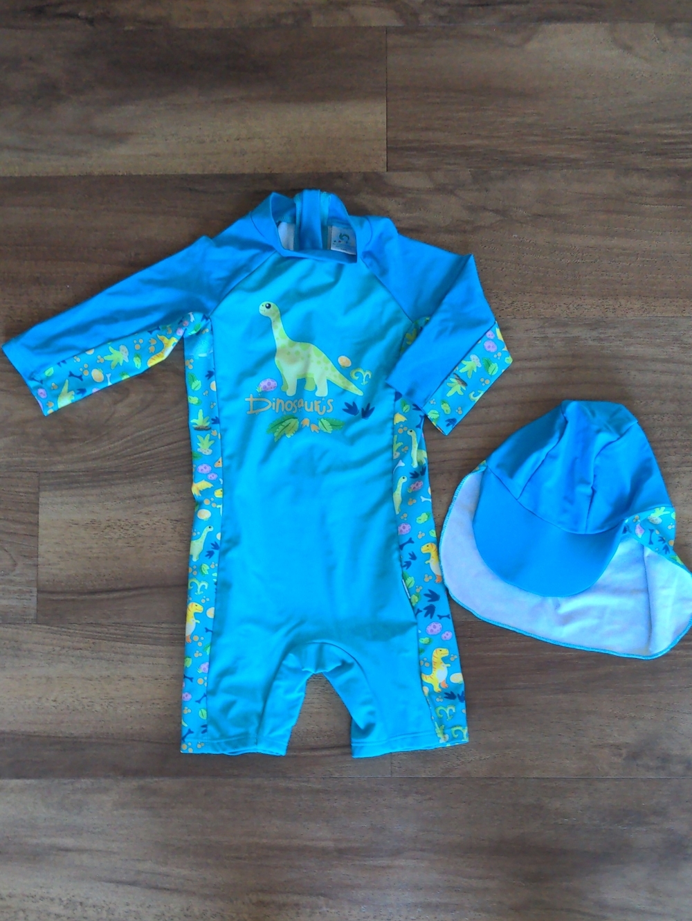 Kids Blue Dinosaur Rash Guard Swimsuit with Sun Hat
